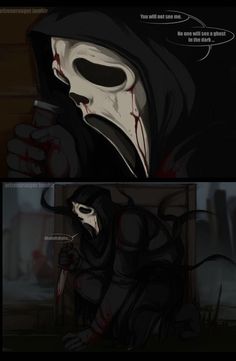 two panels showing the same scene as they appear to be in horror movies