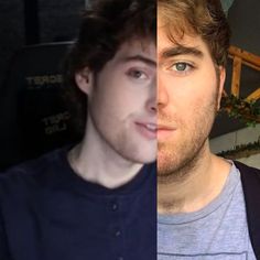 two different shots of a man with brown hair and blue eyes looking at the camera