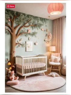 a baby's room decorated in pink and blue with a tree painted on the wall