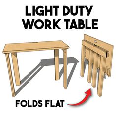 a table and two stools are shown with the words, light duty work table folds flat