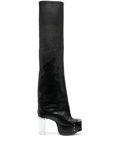 black calf leather flared square toe slip-on style platform sole transparent block heel high heel above-knee length Luxury Knee-high Platform Boots With Reinforced Heel, Modern Leather Thigh High Heeled Boots, Modern Thigh High Leather Heeled Boots, Modern Thigh-high Leather Heeled Boots, Leather Thigh High Platform Heeled Boots, Modern Knee-high Calf Leather Platform Boots, Modern Knee-high Platform Boots With Sculpted Heel, Leather Platform Knee-high Boots For Evening, Evening Leather Platform Knee-high Boots