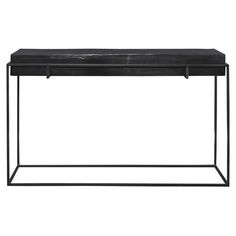 a black console table with metal legs and a marble top, on a white background