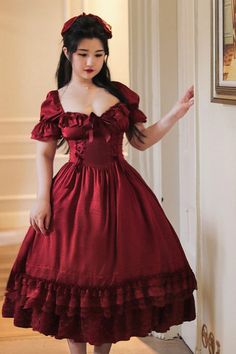 Fabric: Polyester, Cotton Color: Red Sleeve Length: Short Sleeves Sleeve Shape: Puff Sleeves Feature: Multi-Layered, Ruffle, Bowknot Style: Classic, Vintage In Winter Sewing, Gothic Princess, Punk Dress, Classic Lolita, Kawaii Dress, Neckline Dress, Red Shorts, Lolita Dress, Style Classic