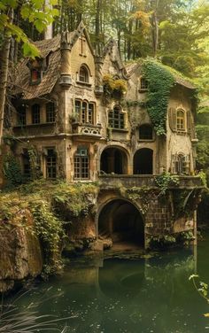 an old house with ivy growing on the roof and windows next to a body of water