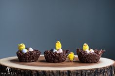 three small yellow birds sitting on top of chocolate cupcakes with eggs in them