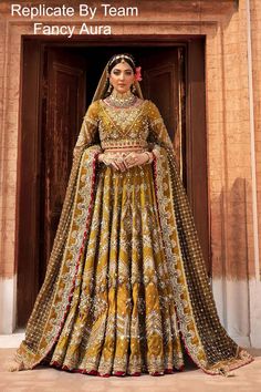 Kesar mahal is a beautiful two toned mustard bridal lehnga choli crafted on a raw silk base. It is heavily hand embellished and composed with our signature jewel motifs with stone work, gotta, dabka and crystals. It comes with a heavy jaal dupatta with accents of pearl and gotta and framed with a hand rendered border. It is paired with a digitally printed zari organza dupatta finished with kiran. Replicate the designs by team (Fancy Aura) Mnr Bridal Dress, Mustard Lehenga, Bridal Choli, Matching Lehenga, Mehndi Bridal, Sajjal Ali, Pakistani Bridal Dress, Raw Silk Fabric, Bride Outfits