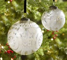 two glass ornaments hanging from a christmas tree