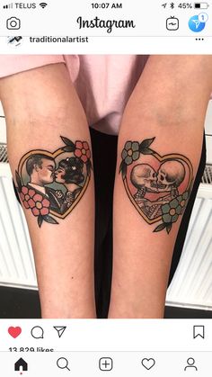 two people with tattoos on their legs, one has a skull and the other has a heart