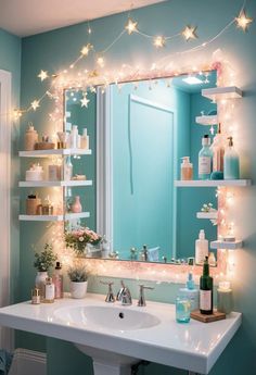 a bathroom sink under a large mirror with lights on the wall and shelves above it