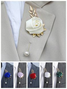 four different colors of lapel pins on a man's suit