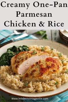 creamy one - pan parmesan chicken and rice with spinach on the side