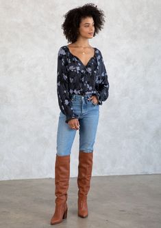 With timeless elements like a self-covered button front and voluminous long sleeves, our floral print bohemian blouse is this season's must-have style. Featuring a split neckline with ties and delicately gathered details at the back. A mini pom trim along the flounce wrist cuff adds a whimsical touch to this classic top. Floral print Relaxed fit Long voluminous raglan sleeve Elastic flounce wrist cuff with mini-pom trim Hip length Split v-neckline with ties Self-covered button front Bohemian pea Fall Bishop Sleeve Peasant Top, Bishop Sleeve Peasant Top For Fall, Fall Floral Print Peasant Top With Balloon Sleeves, Fall Peasant Top With Blouson Sleeves For Daywear, Long Sleeve Floral Print Peasant Top, Bohemian Blouse With Gathered Sleeves For Fall, Fall Flowy Peasant Top With Puff Sleeves, Flowy Peasant Top With Puff Sleeves For Fall, Bohemian Fall Blouse With Smocked Bodice