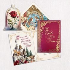 some disney princess themed greeting cards and envelopes are shown in three different styles, including one with a red rose