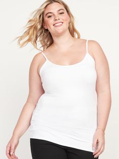 Our First-Layer camis are fitted, flattering, soft.  Great outfits start here.  Adjustable spaghetti straps.  Scoop neck.  Soft-washed, lightweight cotton jersey, with comfortable stretch.  Longer tunic length.  @modelsizes 5’9":S | 5'7":L | 5'10": Layered Cami, Layered Tunic, Great Outfits, Tunic Tank Tops, Long Tunic, Tunic Length, Petite Size, Bright White, Basic Tank Top