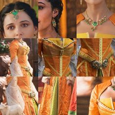 many different pictures of the same woman in orange and yellow dress with jewels on her head