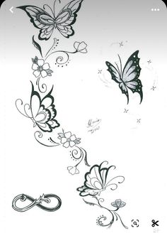 some butterflies flying in the air with swirls and stars around them on a white background