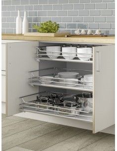 an open cabinet in a kitchen with dishes and utensils on the bottom shelf