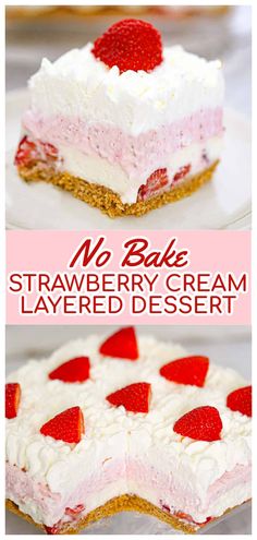 no bake strawberry cream layered dessert on a plate