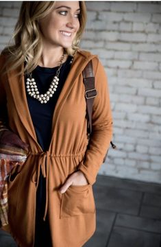 Sweatshirt Tie Jacket - S, Cognac - $42.00 -  - Betsey's Boutique Shop Brown Hoodie For Fall Loungewear, Brown Fall Hoodie For Loungewear, Brown Fall Loungewear Hoodie, Fall Hoodie Cardigan With Pockets, Brown Hoodie With Drawstring Hood For Fall, Everyday Fall Hoodie Outerwear, Fall Layering Hoodie With Pockets, Fall Workwear Hoodie With Pockets, Casual Hoodie Cardigan For Fall