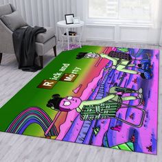 the rug is decorated with an image of a person on a skateboard and rainbow colors