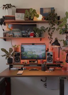 a desk with a computer, speakers and plants on top of it in front of a white wall