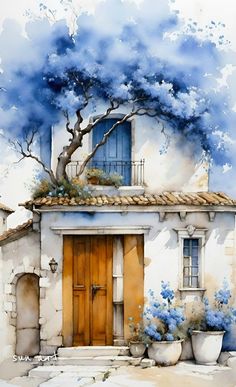 a watercolor painting of a house with blue flowers on the front and yellow door