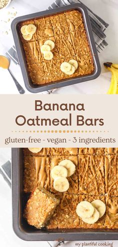 banana oatmeal bars in a baking pan with bananas and cinnamon on top