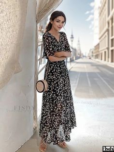 Fisdy - Stylish Floral A-line Dress with Mandarin Collar, Cinched Waist, and Sweet Chiffon Maxi Length Chiffon Maxi Skirt, Basic Skirt, Floral Print Maxi Dress, Chiffon Maxi, Long Sleeve Bodycon, Long Sleeve Bodycon Dress, Pencil Dress, Types Of Skirts, Cinched Waist