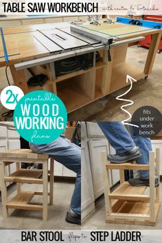 a man sitting at a workbench working on woodworking with the instructions below