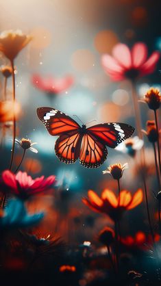 an orange butterfly flying over flowers in the air with blurry light coming from it's wings