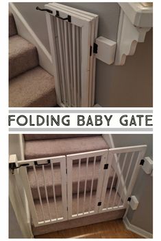 two pictures with the words folding baby gate on top and bottom, in front of stairs