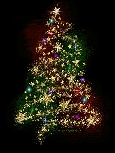 a brightly lit christmas tree with stars on it's top and green, red, yellow and blue lights