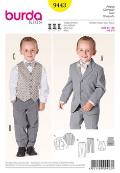 Boys Suit Burda Sewing Pattern No. 9443. Age 2 to 8 years. Boys Clothes Patterns, Suit Sewing Patterns, Childrens Sewing Patterns, Kids Sewing, Suit Pattern, Sewing Patterns For Kids, Classic Pants, Burda Style