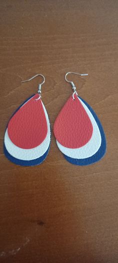 3 layered tear drop.  Buffalo bills colors.  .are from faux leather Tear Drop Earrings, Earrings Red, Three Layer, Buffalo Bills, Tear Drop, Red White And Blue, Teardrop Earrings, Jewelry Earrings Dangle, Buffalo