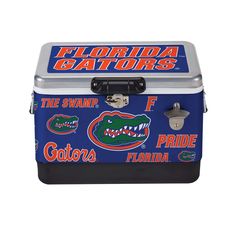 the florida gators cooler is shown in blue and orange with an alligator's head on