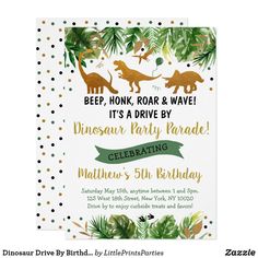 dinosaur birthday party card with gold foil and green leaves on the front, featuring an image of