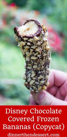 a hand holding up a chocolate covered frozen banana copycat treat with the title disney chocolate covered frozen bananas copycat