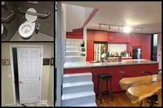 there are pictures of the kitchen and dining room in this house, including stairs leading up to the second floor