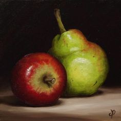 a painting of two apples and a pear on a brown tablecloth with a black background