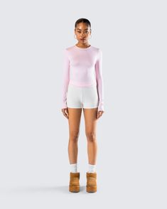 Chill vibes only ☁️ Featuring a pink jersey long sleeve top and a pair of cream rib shorts - this cute and casual two-piece set is the perfect look for lounging around while still serving a look 💕 Pink Crop Sporty Tops, Sporty Pink Short Length Top, Sporty Short Length Pink Tops, Pink Stretch Short Top, Pink Fitted Top With Short Length, Pink Fitted Short Length Tops, Pink Fitted Short-length Tops, Fitted Short Length Pink Tops, Pink Short Athleisure Top