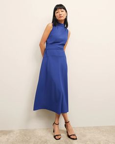 Martina Dress - Eco Heavy Soft Wave :: Royal Blue – M.M.LaFleur Elegant High Neck Maxi Dress For Work, Chic High Neck Workwear Dress, Soft Waves, Drop Waist, Waist Tie, Mock Neck, Royal Blue, Blue