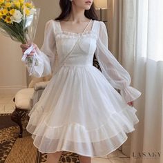 Lasaky - Royal Princess Gown with Butterfly Embroidery Long Sleeve Gown For Garden Party, White Long Sleeve Dress For Garden Party, Princess Gown, Butterfly Embroidery, Kawaii Dress, Goth Dress, Royal Princess, Gothic Dress, White Dress Summer