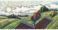 two tractors are plowing the land with trees and clouds in the background