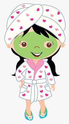 a girl in a bathrobe with hearts on her head