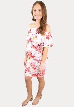 This spring maternity dress is a must have! Features a tight fit and a ruffle on top. With super soft fabric, this dress is the perfect blend of comfort and style. Sophisticated fun with pops of pink and yellow floral color that flatter all your mama curves. Ideal for all nine months of pregnancy and beyond. Feminine Stretch Mini Dress With Floral Print, Summer Nursing-friendly Maternity Dress, Spring Maternity Dress Bump Friendly, Spring Maternity Flowy Dress, Spring Bump-friendly Maternity Dress, Summer Stretch Maternity Dress, Spring Maternity Dresses With Flowy Fit, Flowy Maternity Dress For Spring Brunch, White Stretch Maternity Dress