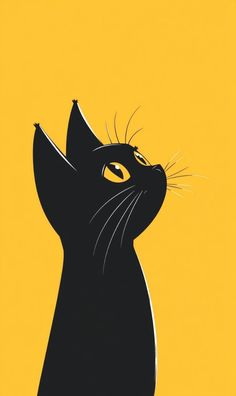 a black cat with yellow eyes looking up to the sky, on a yellow background