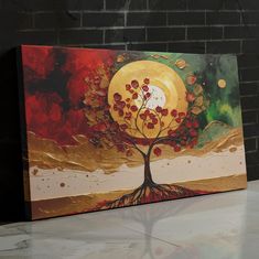 a painting on a wall with a tree in the middle and an orange moon above it