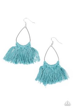 Mosaic Blue threaded tassels knot around the bottom of a shimmery silver teardrop frame, creating a refreshing fringe. Earring attaches to a standard fishhook fitting. Sold as one pair of earrings. Blue Tassel Earrings, Fringe Earring, Blue Tassel, Thread Earrings, Tassel Jewelry, Knot Earrings, Paparazzi Accessories, Paparazzi Jewelry, Affordable Jewelry