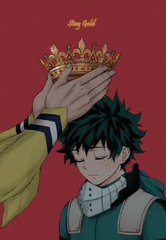 an anime character wearing a crown and holding his hand up to the forehead with both hands