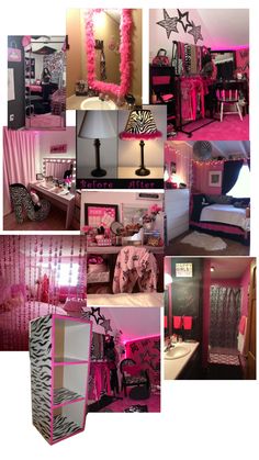 a collage of photos with pink and zebra print furniture in the middle, black and white bedding on the other side